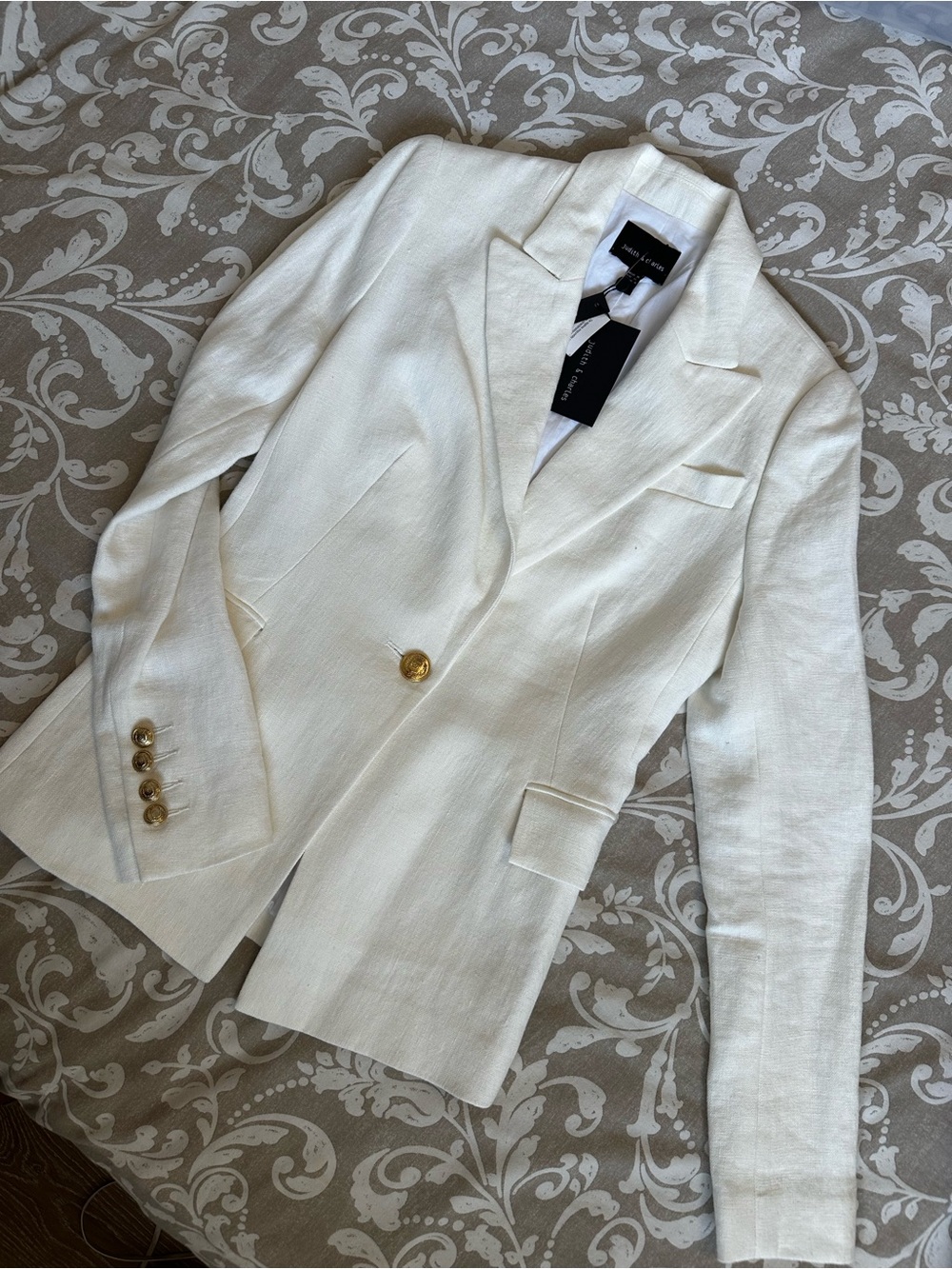 White Single-Button Linen Blazer with Gold Buttons